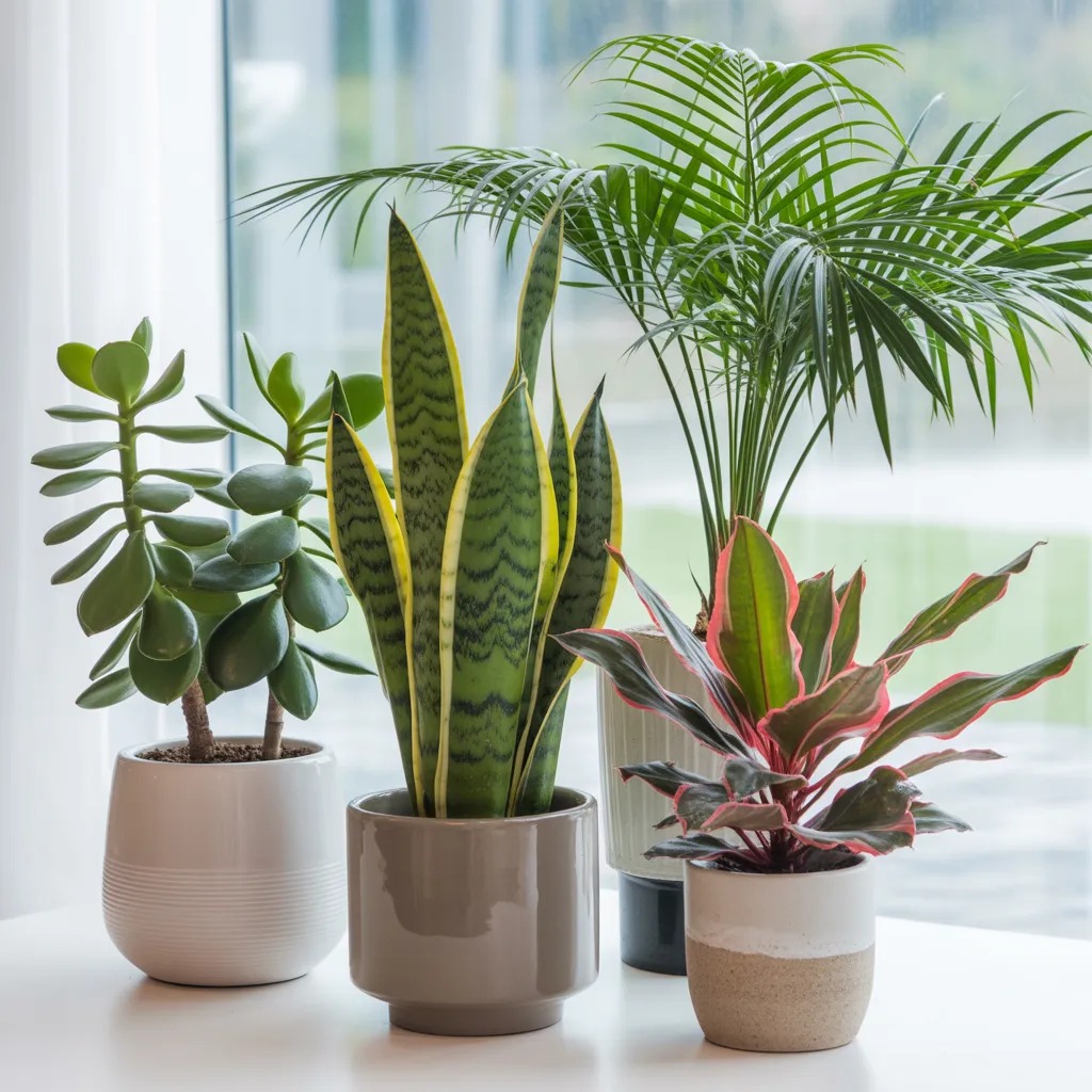 A collection of indoor plants including a jade plant, snake plant, areca palm, and cordyline fruticosa arranged in decorative pots.