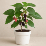 Healthy green Mulberry plant with broad leaves growing in a pot, showcasing fresh foliage and natural growth.