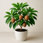 Chikoo plant with glossy dark-green leaves and small round brown fruits growing on its branches.