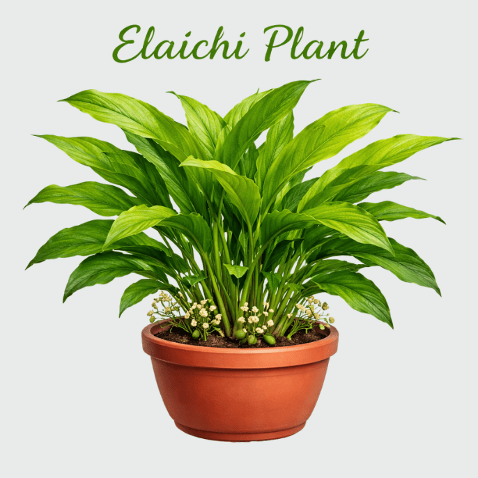Elaichi (Cardamom) plant with green leaves and small pods growing in a tropical garden.