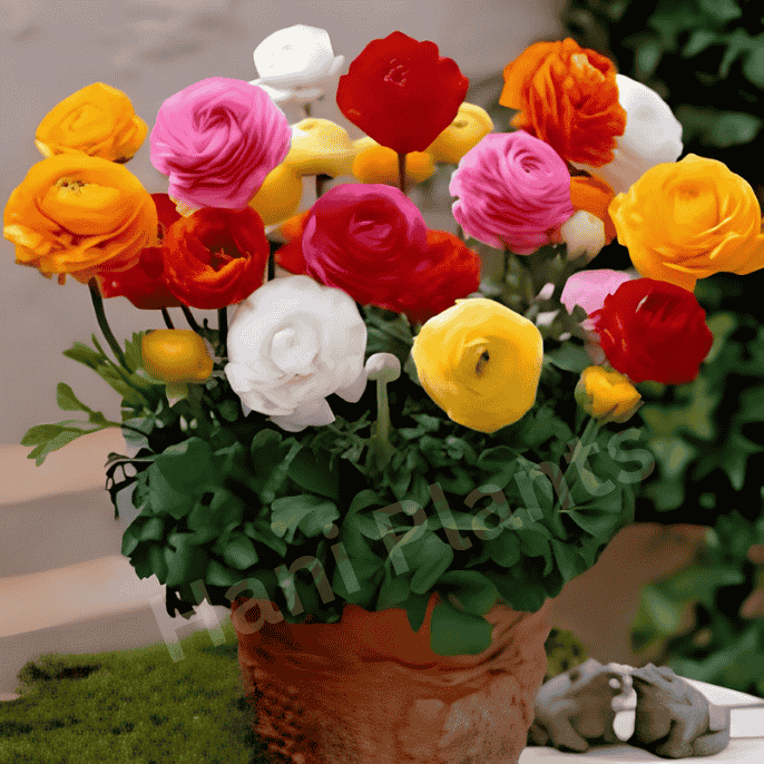 Get Onlin Ranunculus flower with delicate layered petals in soft, vibrant colors.